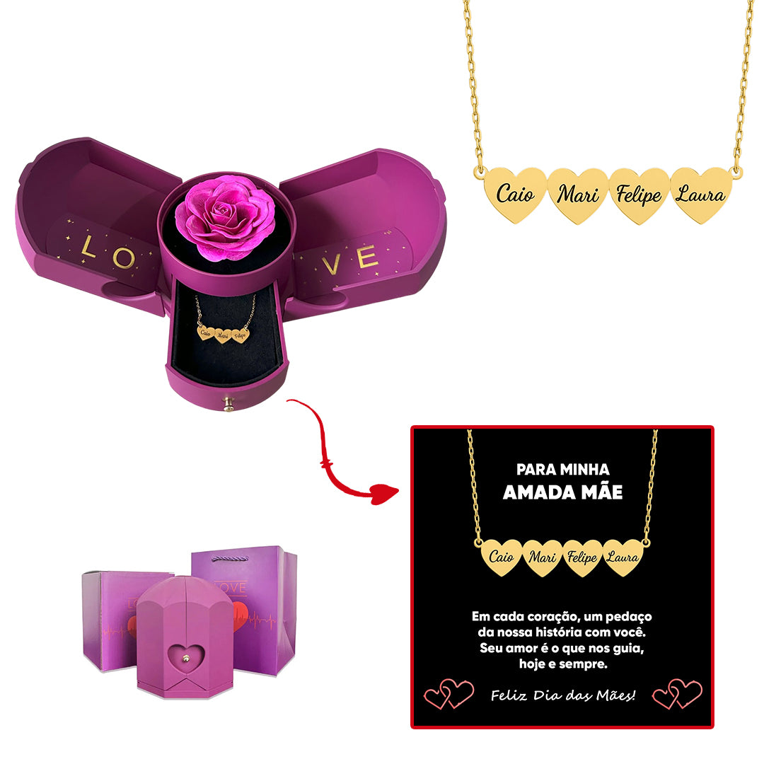 Caixa com Rosa Eterna & Colar Coração Personalizado com Nomes