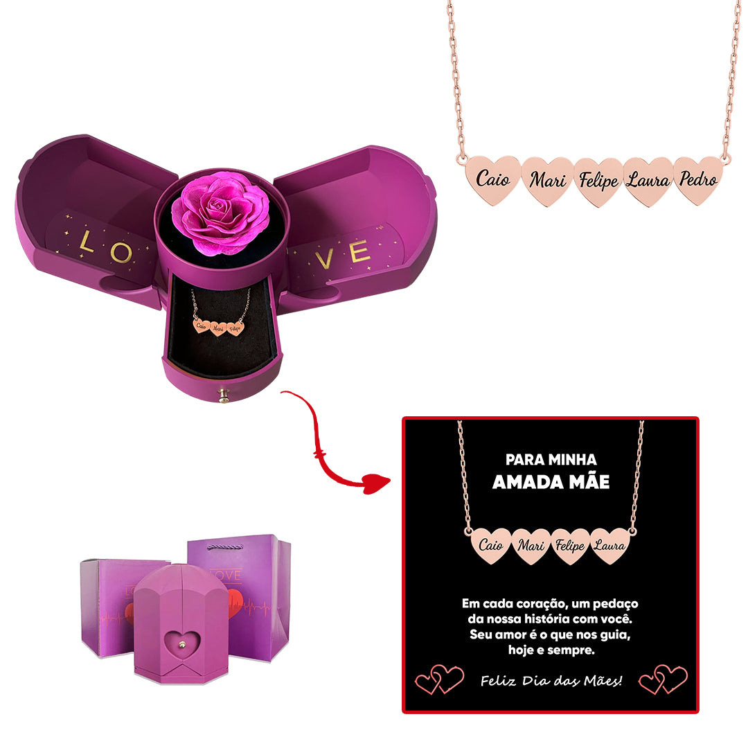 Caixa com Rosa Eterna & Colar Coração Personalizado com Nomes
