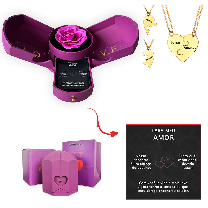 Caixa com Rosa Eterna & Colar Dual Love Personalizado com Nomes