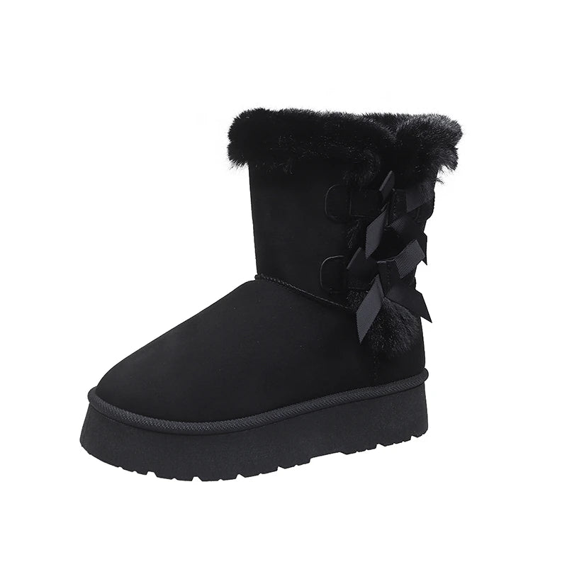 Botas de inverno femininas sem cadarço com laço