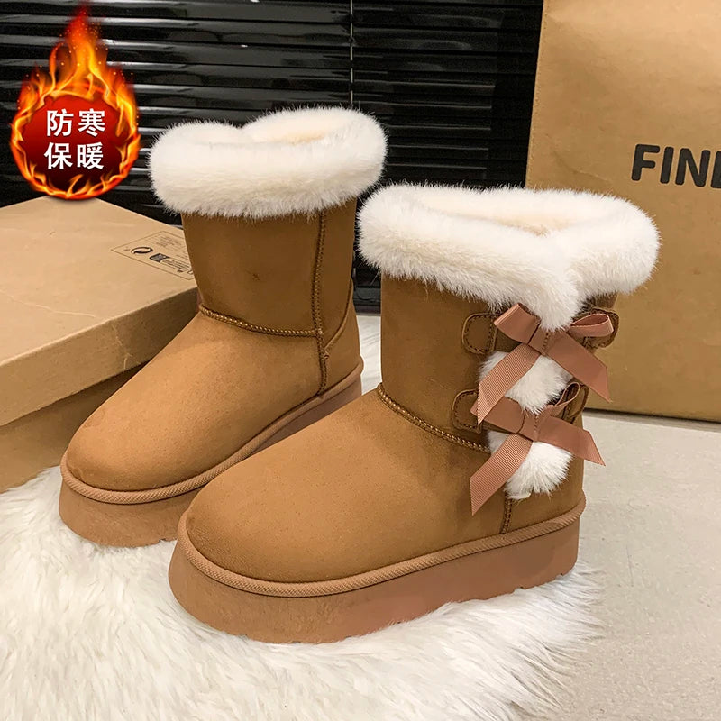 Botas de inverno femininas sem cadarço com laço