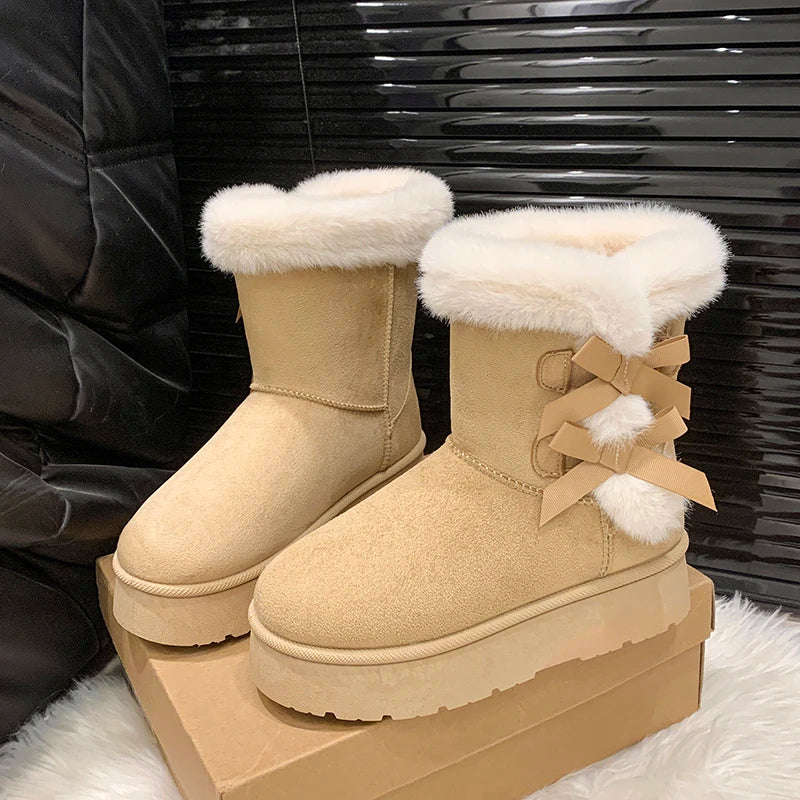 Botas de inverno femininas sem cadarço com laço