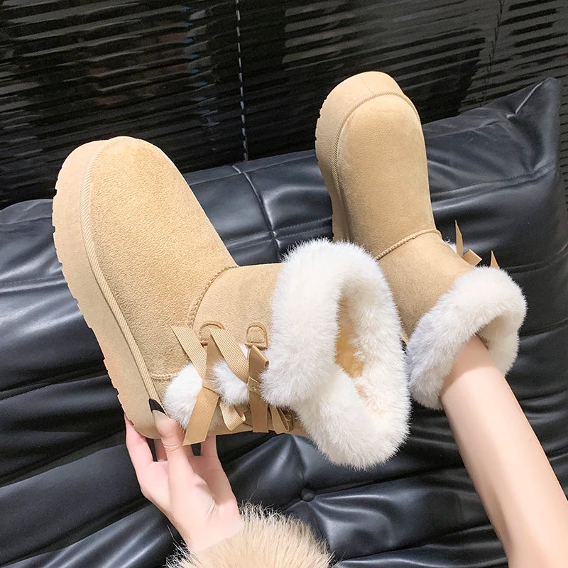 Botas de inverno femininas sem cadarço com laço