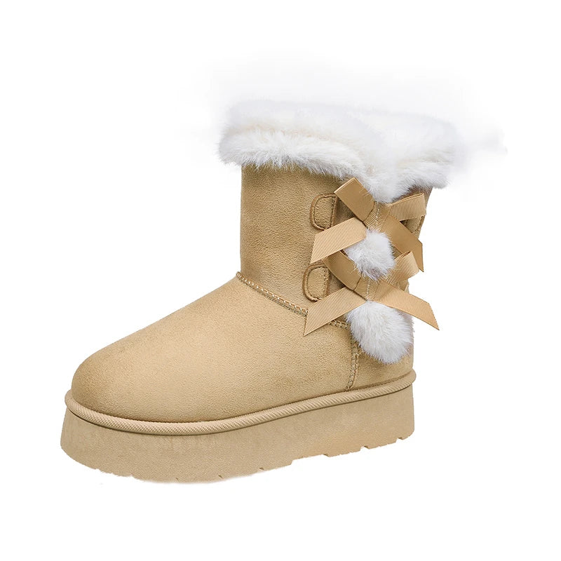 Botas de inverno femininas sem cadarço com laço