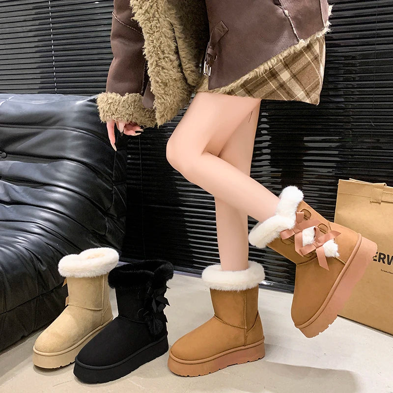 Botas de inverno femininas sem cadarço com laço