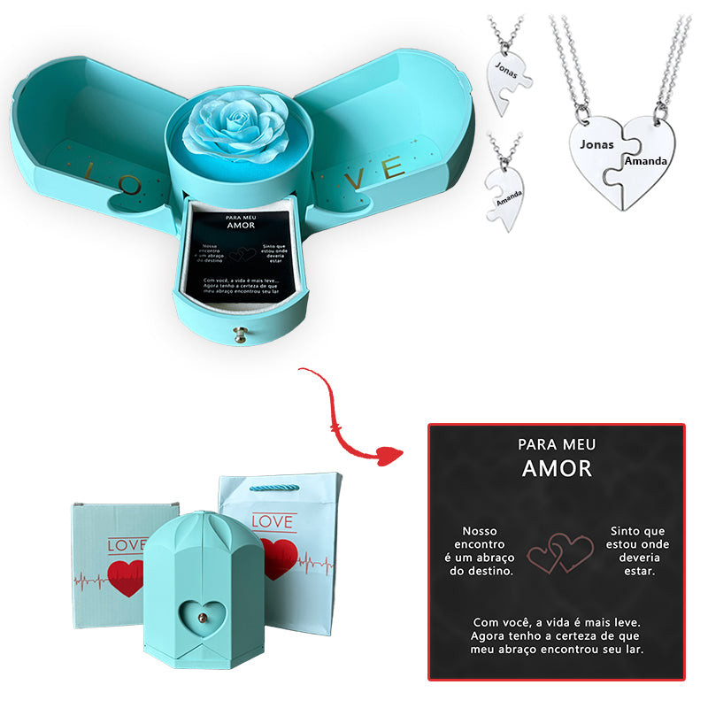 Caixa com Rosa Eterna & Colar Dual Love Personalizado com Nomes