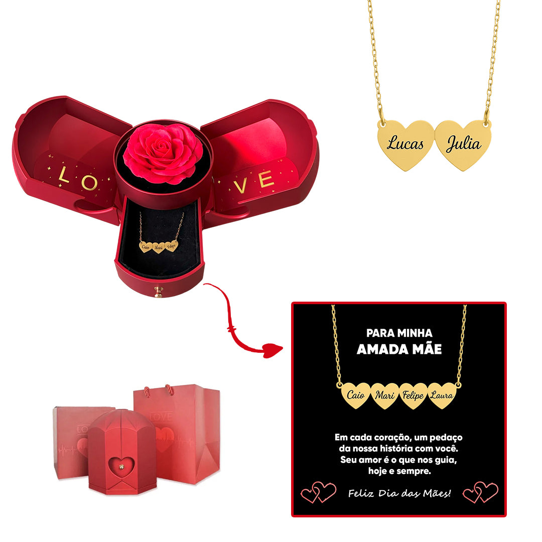 Caixa com Rosa Eterna & Colar Coração Personalizado com Nomes
