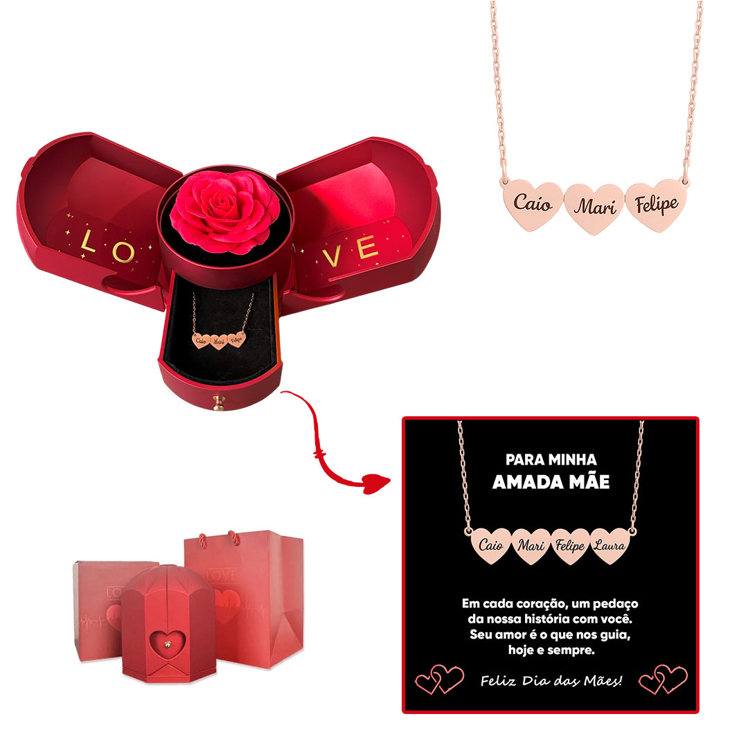 Caixa com Rosa Eterna & Colar Coração Personalizado com Nomes