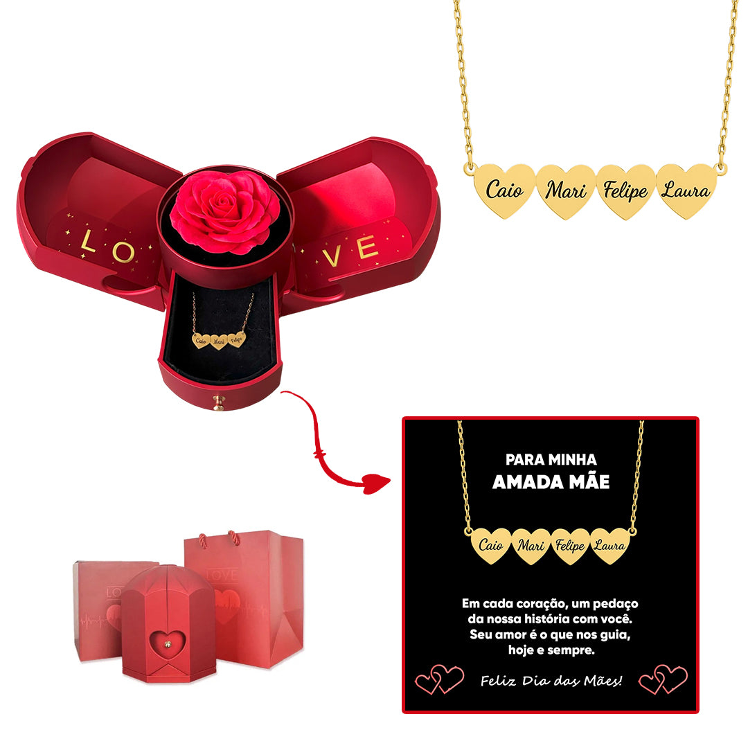 Caixa com Rosa Eterna & Colar Coração Personalizado com Nomes