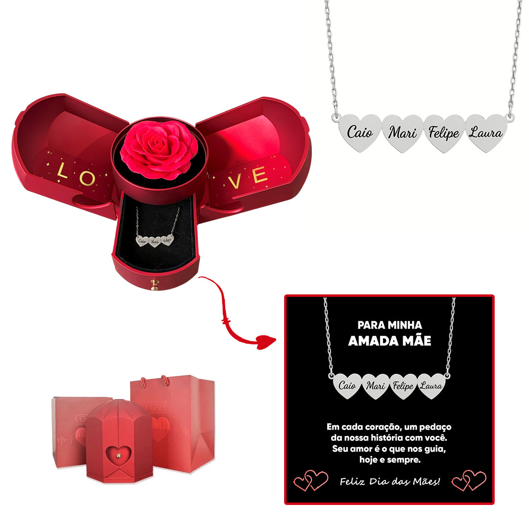 Caixa com Rosa Eterna & Colar Coração Personalizado com Nomes