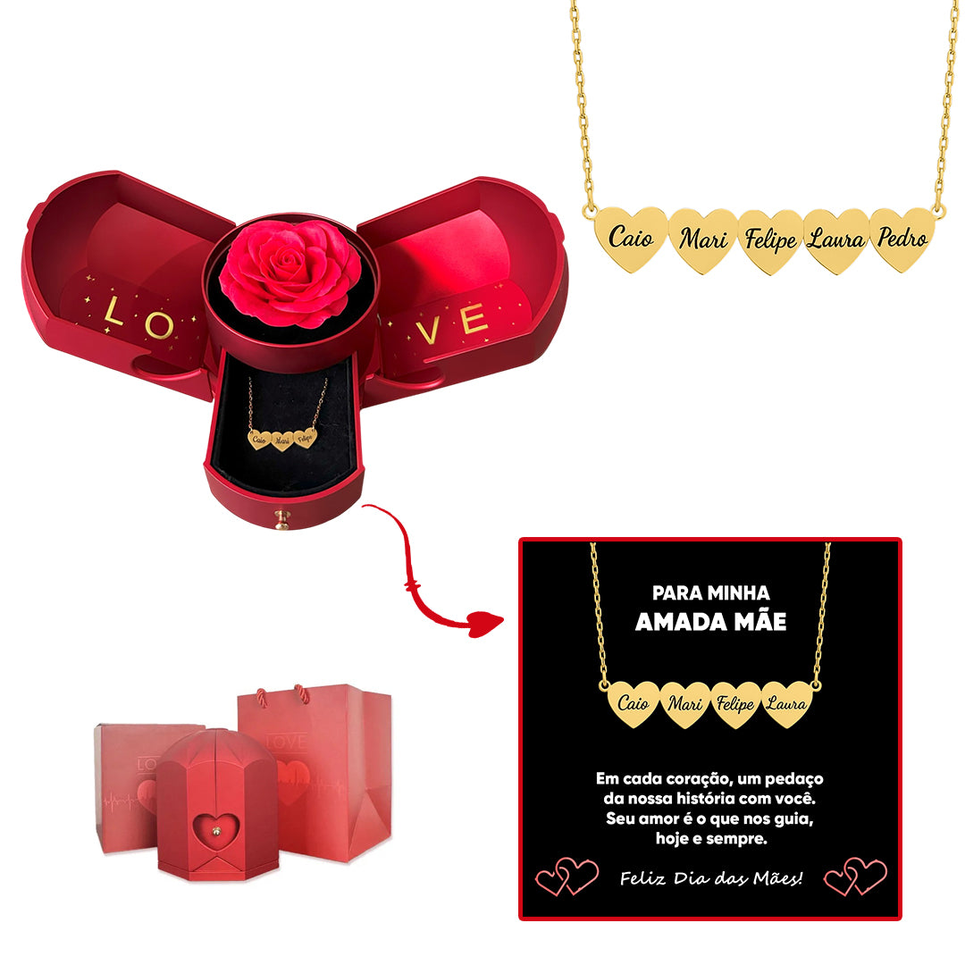 Caixa com Rosa Eterna & Colar Coração Personalizado com Nomes