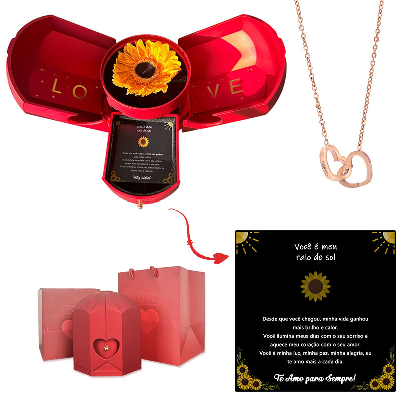 Caixa com Girassol Eterno & Colar Coração Personalizado