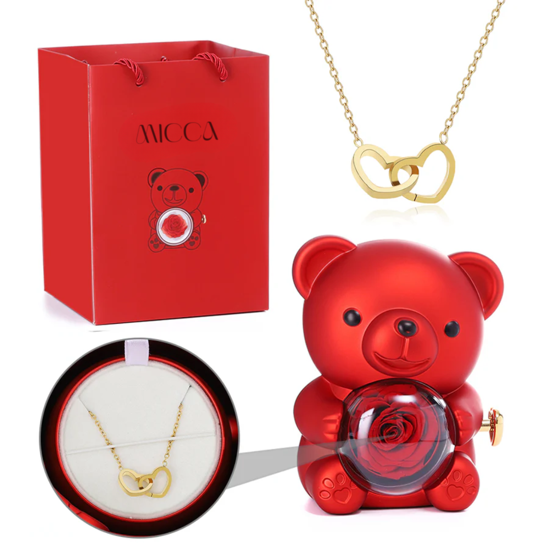 Urso com Rosa Eterna & Colar Gravado com Nomes