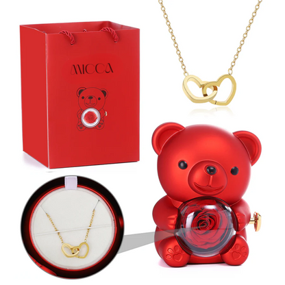 Urso com Rosa Eterna & Colar Gravado com Nomes