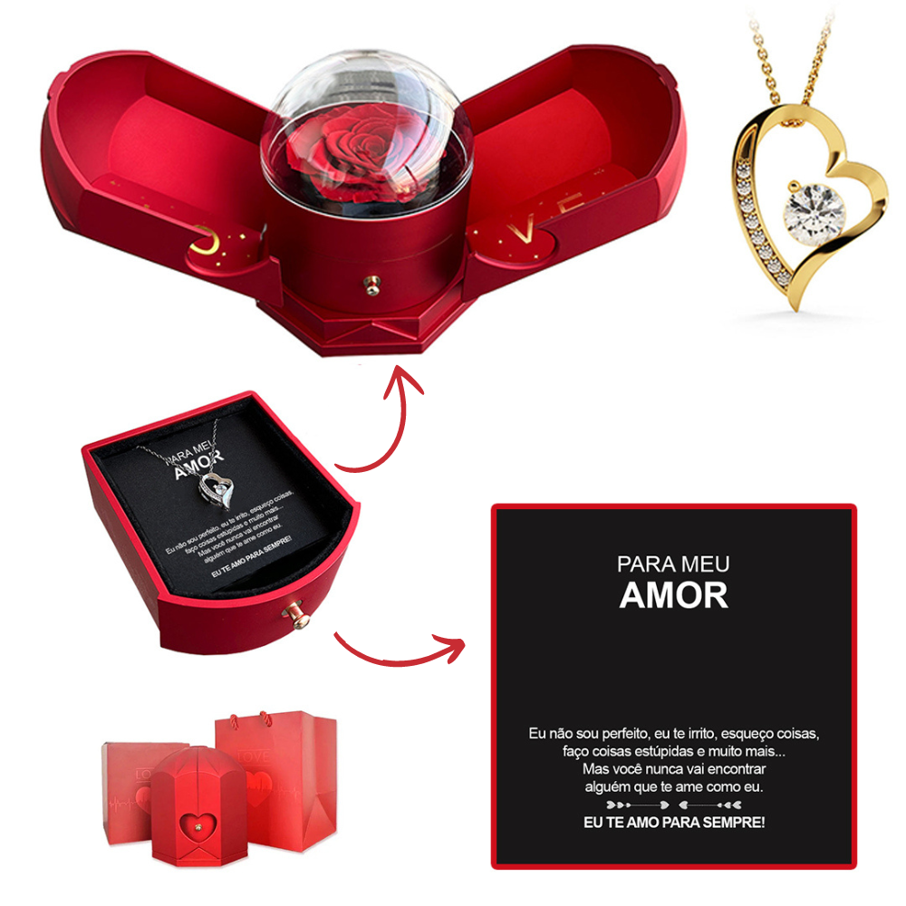 Colar em Ouro Branco 14k - Com Rosa Verdadeira - Para meu Amor
