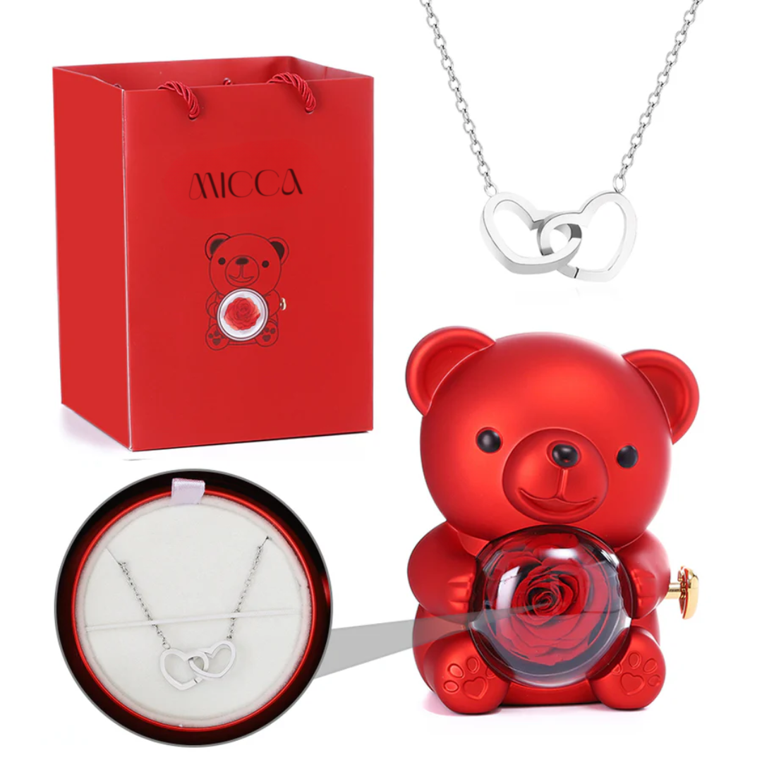 Urso com Rosa Eterna & Colar Gravado com Nomes