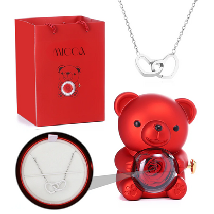 Urso com Rosa Eterna & Colar Gravado com Nomes