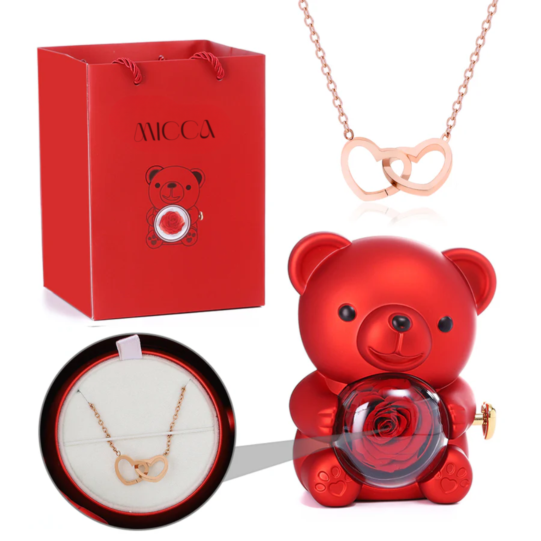 Urso com Rosa Eterna & Colar Gravado com Nomes