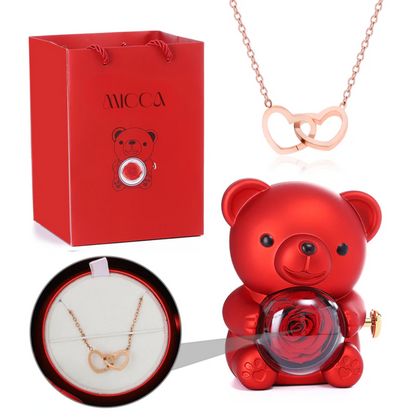 Urso com Rosa Eterna & Colar Gravado com Nomes