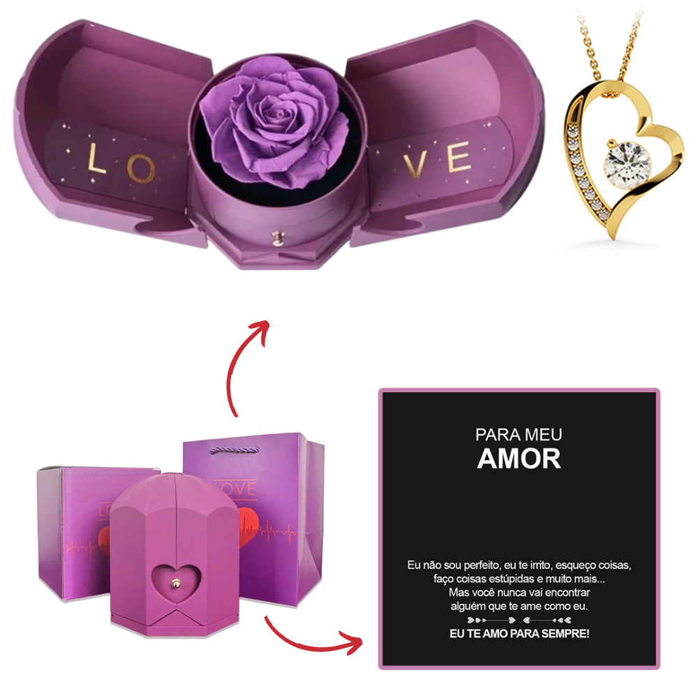 Colar em Ouro Branco 14k - Com Rosa Verdadeira - Para meu Amor