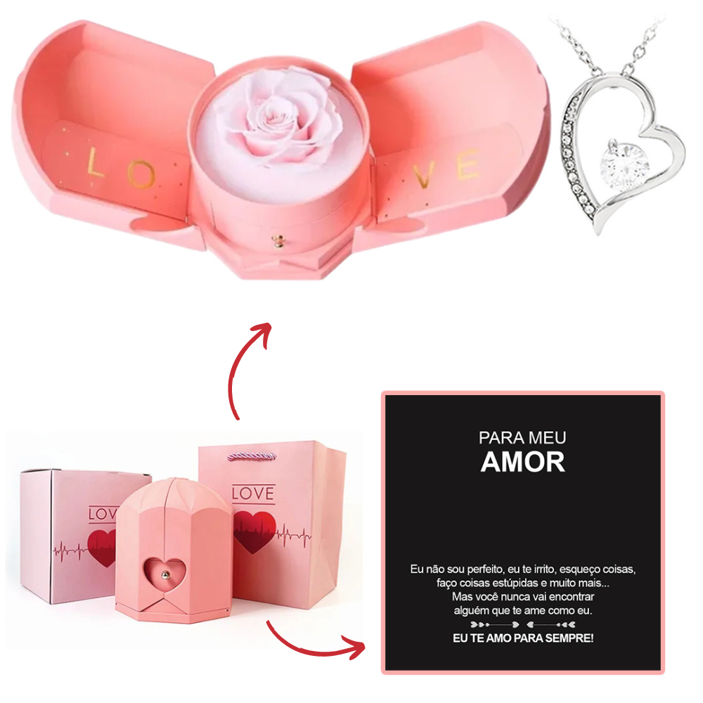 Colar em Ouro Branco 14k - Com Rosa Verdadeira - Para meu Amor