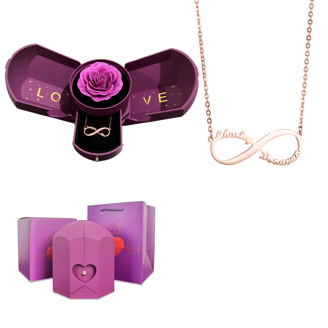 Caixa com Rosa Eterna & Colar Infinito Personalizado com Nomes