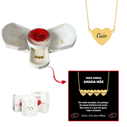 Caixa com Rosa Eterna & Colar Coração Personalizado com Nomes