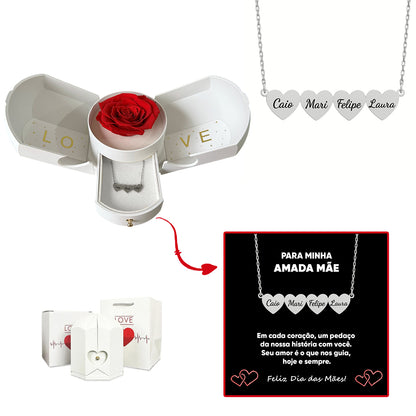 Caixa com Rosa Eterna & Colar Coração Personalizado com Nomes