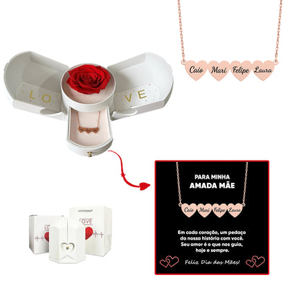 Caixa com Rosa Eterna & Colar Coração Personalizado com Nomes