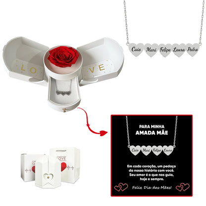Caixa com Rosa Eterna & Colar Coração Personalizado com Nomes