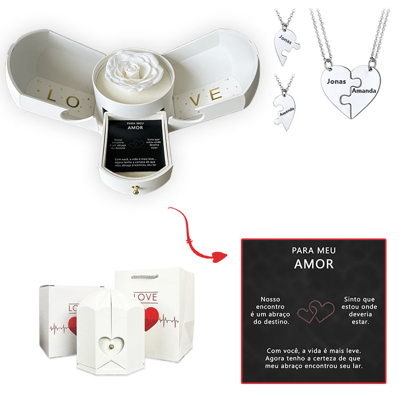 Caixa com Rosa Eterna & Colar Dual Love Personalizado com Nomes