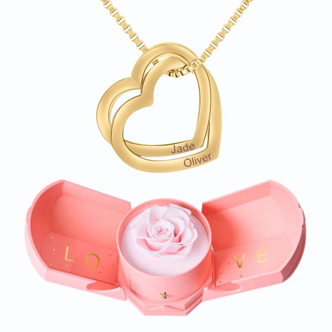 Caixa Com Rosa Eterna & Colar Corações Entrelaçados 💕