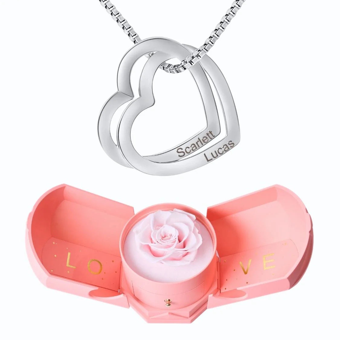 Caixa Com Rosa Eterna & Colar Corações Entrelaçados 💕
