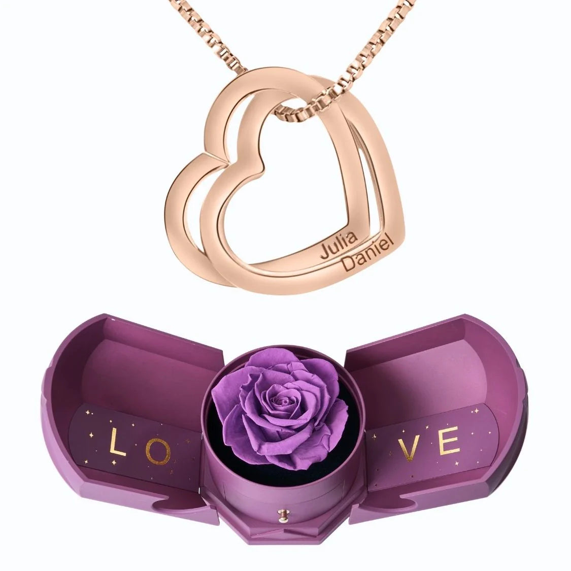 Caixa Com Rosa Eterna & Colar Corações Entrelaçados 💕