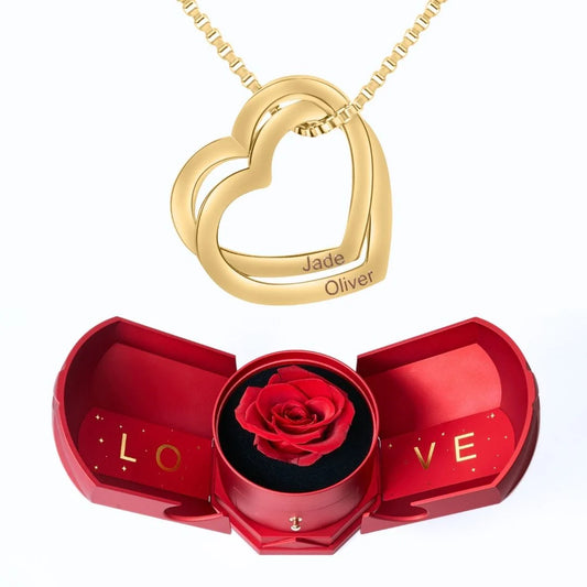 Caixa Com Rosa Eterna & Colar Corações Entrelaçados 💕