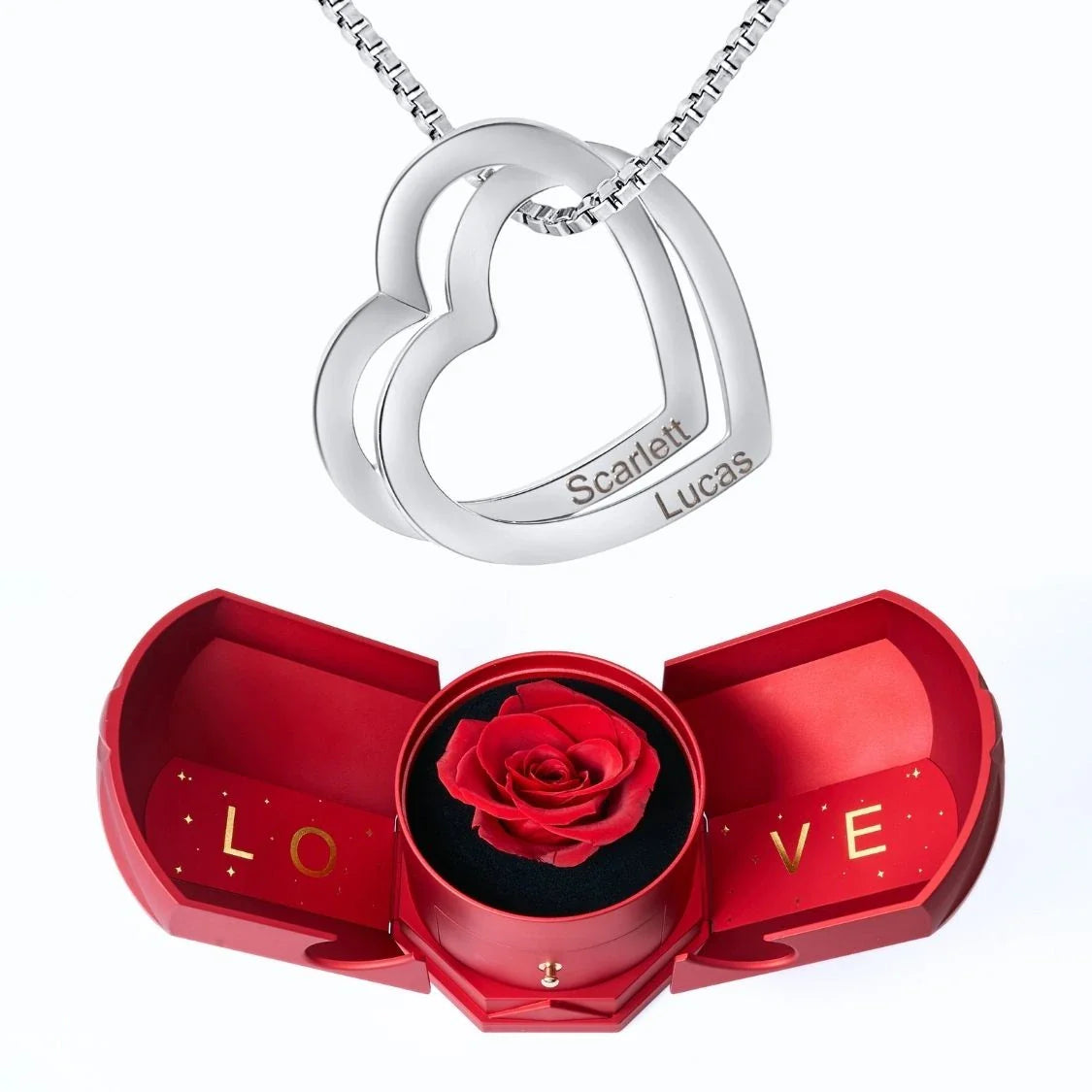Caixa Com Rosa Eterna & Colar Corações Entrelaçados 💕