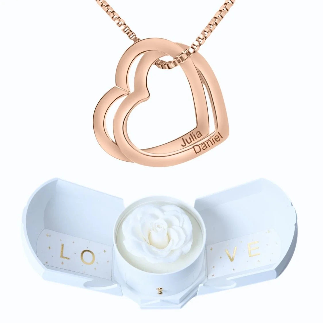 Caixa Com Rosa Eterna & Colar Corações Entrelaçados 💕