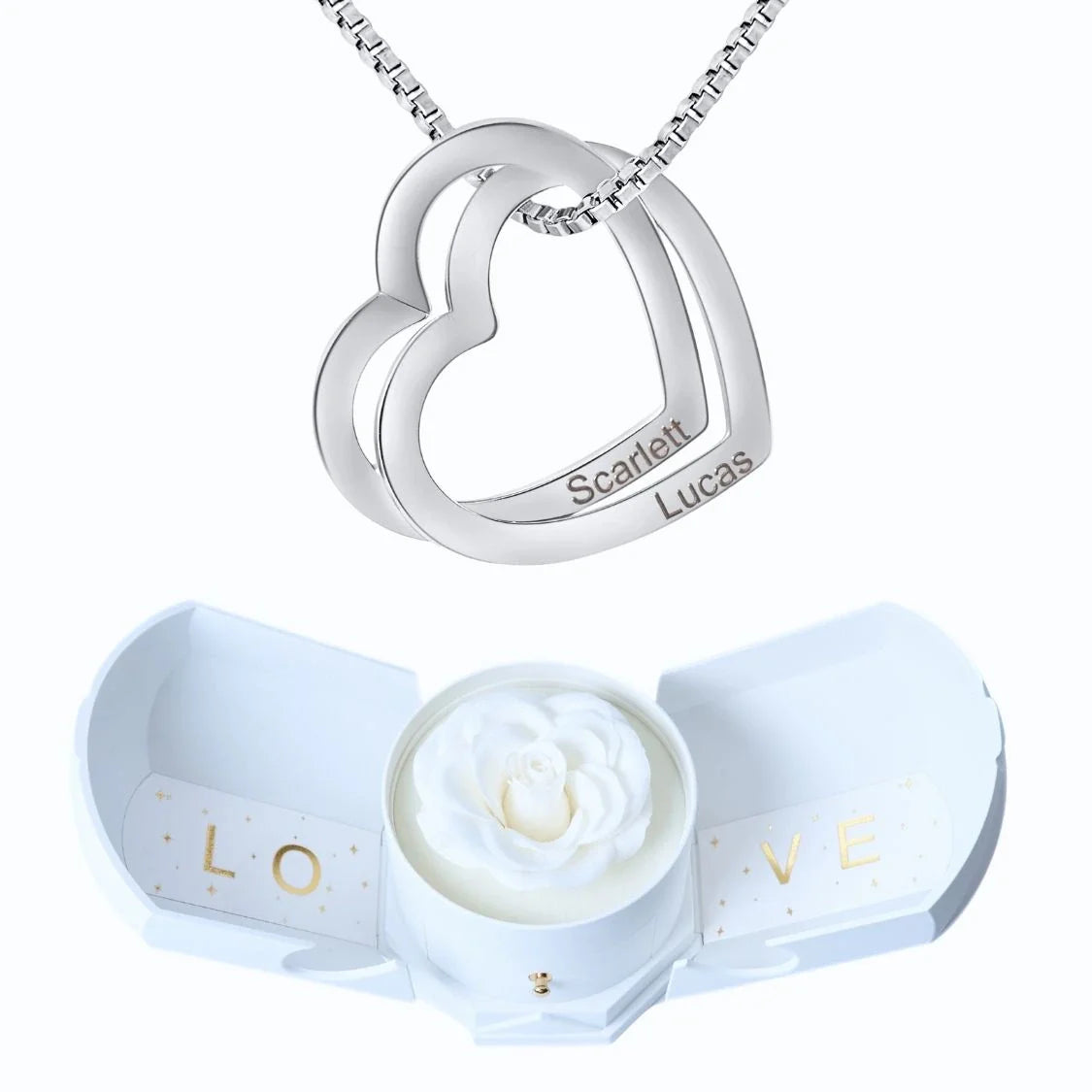 Caixa Com Rosa Eterna & Colar Corações Entrelaçados 💕