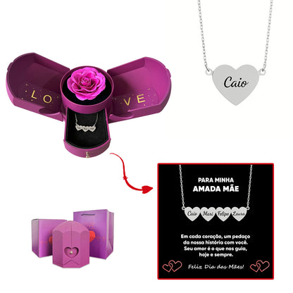 Caixa com Rosa Eterna & Colar Coração Personalizado com Nomes