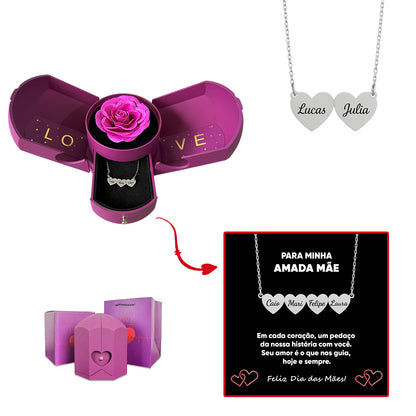 Caixa com Rosa Eterna & Colar Coração Personalizado com Nomes