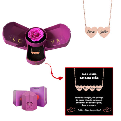 Caixa com Rosa Eterna & Colar Coração Personalizado com Nomes