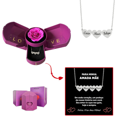 Caixa com Rosa Eterna & Colar Coração Personalizado com Nomes