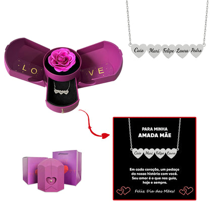 Caixa com Rosa Eterna & Colar Coração Personalizado com Nomes