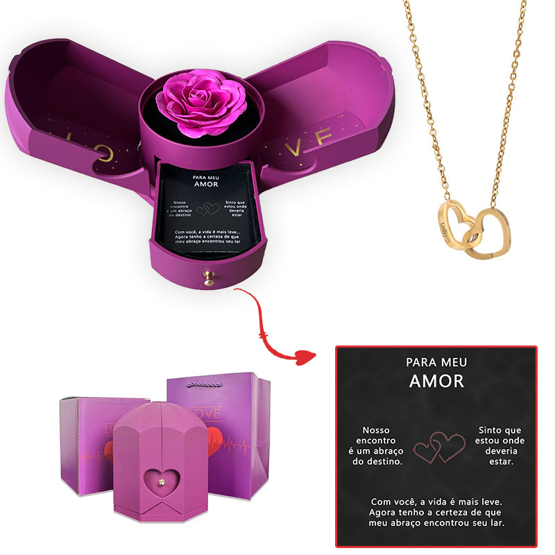 Caixa com Rosa Eterna & Colar Coração Personalizado