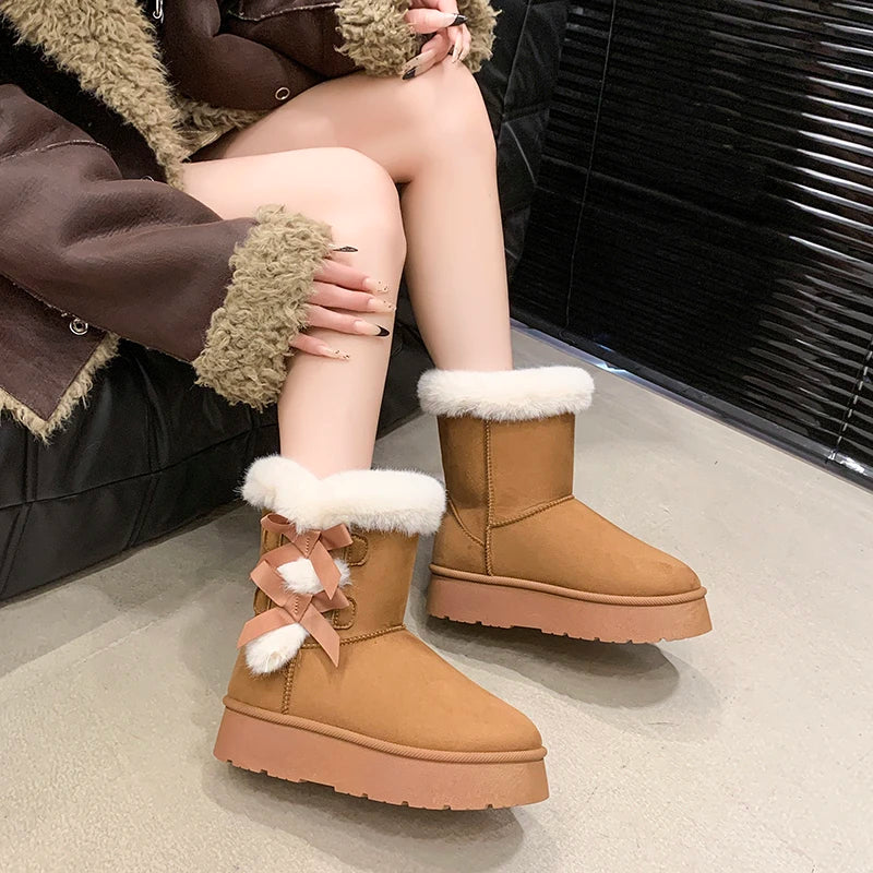 Botas de inverno femininas sem cadarço com laço