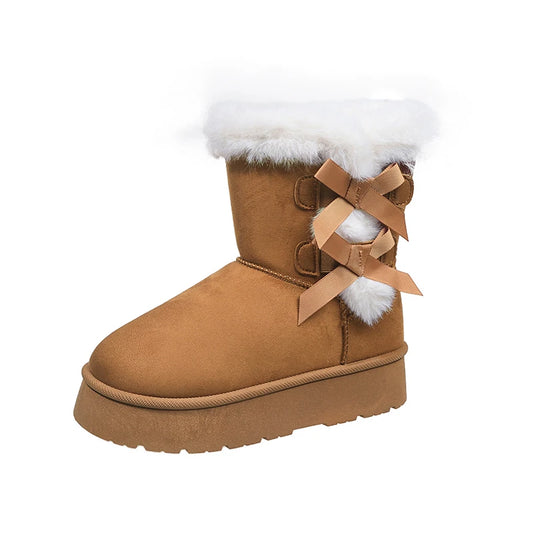 Botas de inverno femininas sem cadarço com laço