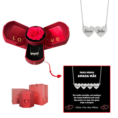 Caixa com Rosa Eterna & Colar Coração Personalizado com Nomes