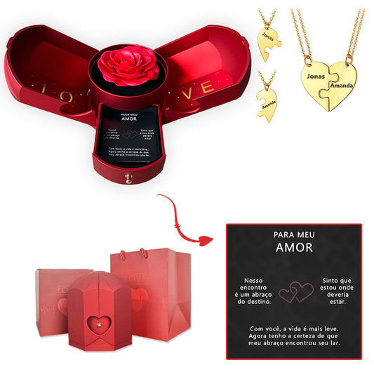Caixa com Rosa Eterna & Colar Dual Love Personalizado com Nomes