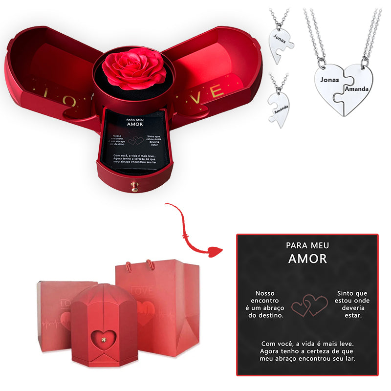 Caixa com Rosa Eterna & Colar Dual Love Personalizado com Nomes