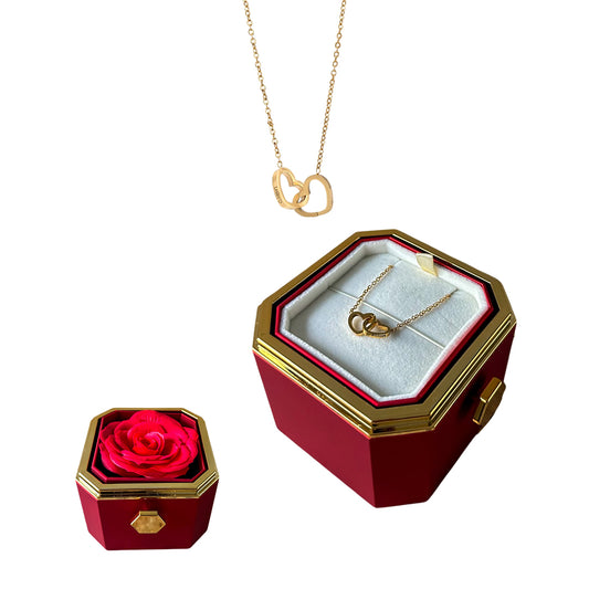 Caixa Rotativa com Rosa Eterna & Colar 2 Corações